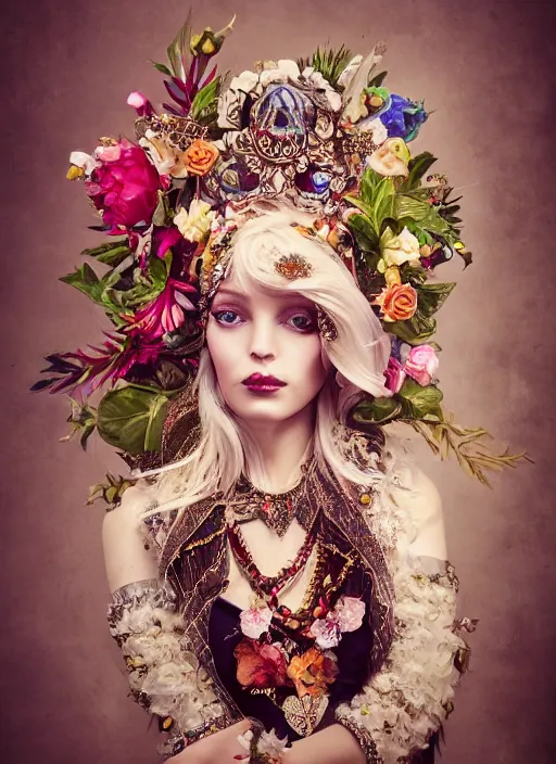 Image similar to full body environmental portrait photo of heart evanglista, ornate headpiece made from flowers, ornaments, glamour shot by gemmy woud - binnendijk, chris knight, photorealistic, canon r 3, fashion photography, ornate, symmetrical features, octane render, unreal engine, solid dark background, clamp shell lighting, rim lighting