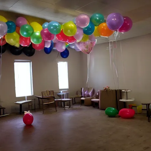 Prompt: photo of the backrooms liminal space with balloons