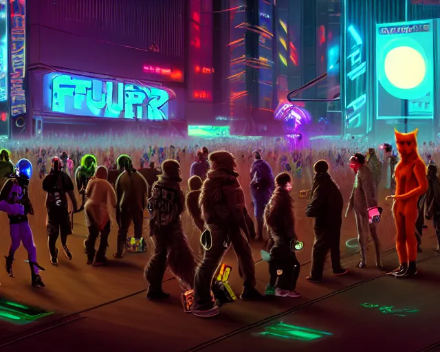 Image similar to high - resolution photograph from a cyberpunk era furry fandom convention ( midwest furfest 2 0 4 7 ), taking place after the genetic revolution and singularity. photorealistic.