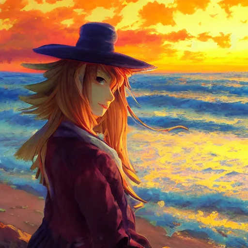 Image similar to Beautiful portrait of Kirisame Marisa from the Touhou project at the beach at sunset, touhou project official artwork, danbooru, oil painting by Antoine Blanchard, low detail, sold at an auction, oil on canvas , wide strokes, pastel colors, soft lighting, low contrast