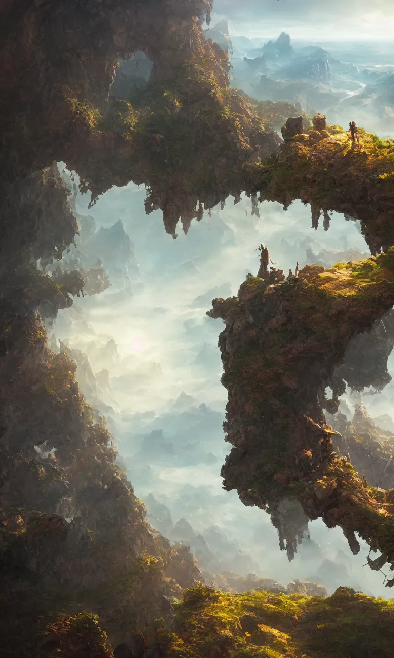 Prompt: an oil art close - up centered view from a cliff looking out to a fantasy mountain landscape, 4 k, ultra detail, volumetric lighting, unreal engine, octane render, tom bagshaw, andreas rocha