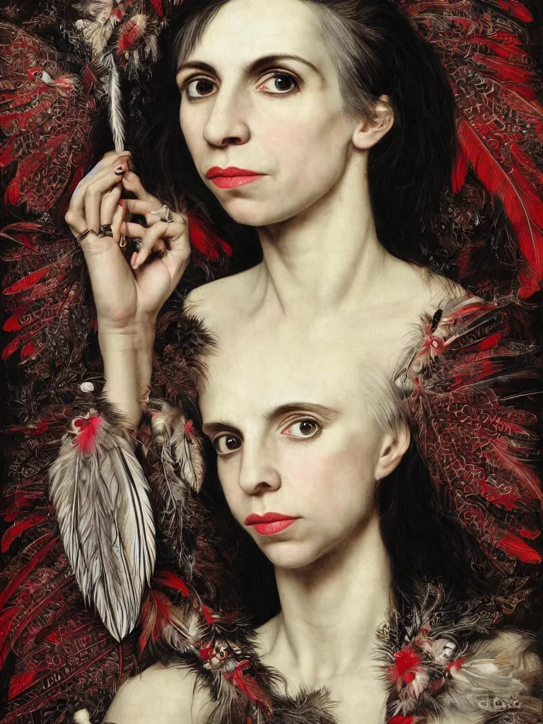 Image similar to Detailed maximalist stunning portrait of PJ Harvey with cracked porcelain skin, dark doe eyes, feathers and milks, HD mixed media, 3D collage, highly detailed and intricate, masterpiece, award-winning, surreal illustration in the style of Caravaggio, dark art, baroque