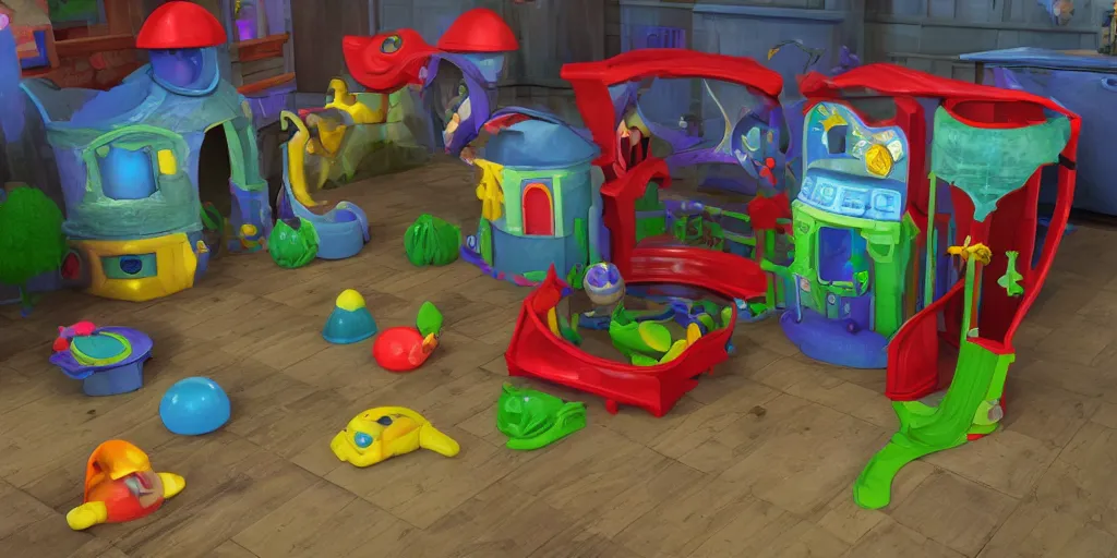 Image similar to an incredibly hyper realistic photorealistic fisher price my first evil lair