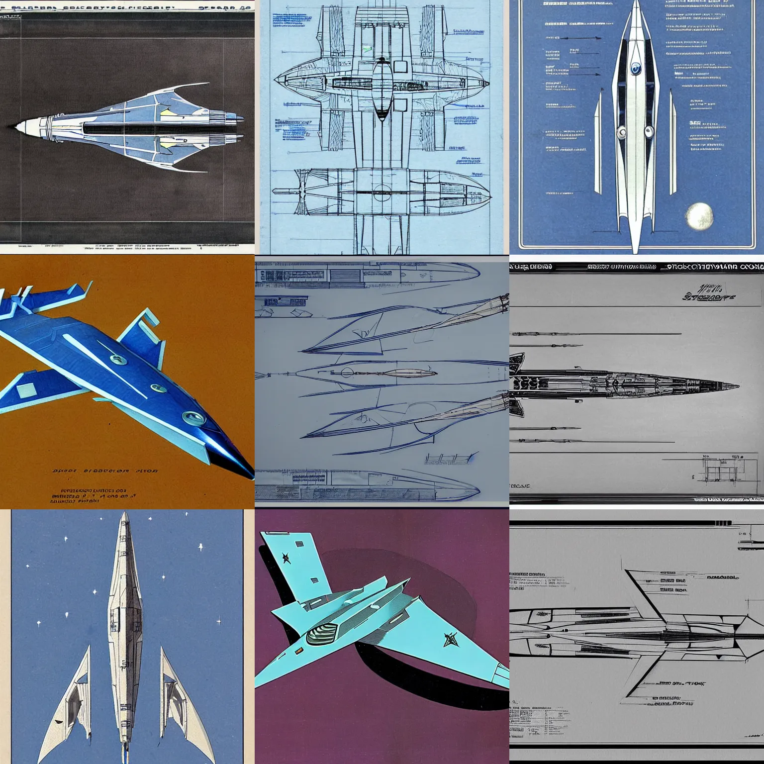 Prompt: blueprints of starfighter from Buck Rogers