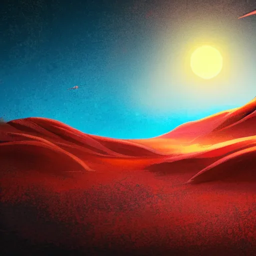 Prompt: a red sunset over an alien desert planet, cloudy skies, strange, ethereal, bright, rocky, craggy, beautiful, 8 k, concept art, illustration, canvas drawing