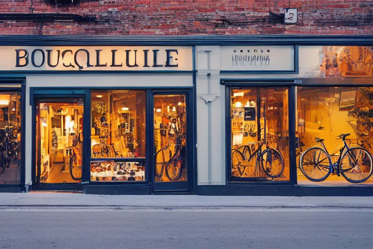 Image similar to boutique bicycle shop storefront wide angle street at dusk, cinematic lighting