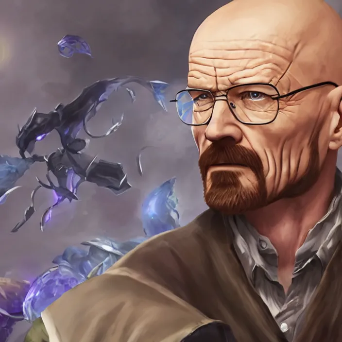 Image similar to walter white as a character in the game league of legends, with a background based on the game league of legends, detailed face