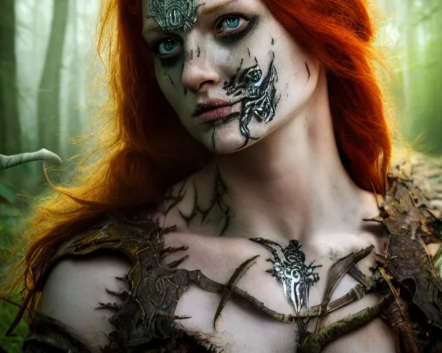 Image similar to 5 5 mm portrait photo of an armored gorgeous anesthetic redhead woman warrior with a face tattoo and horns growing from her head, in a magical forest. by luis royo. highly detailed 8 k. intricate. lifelike. soft light. nikon d 8 5 0. cinematic post - processing