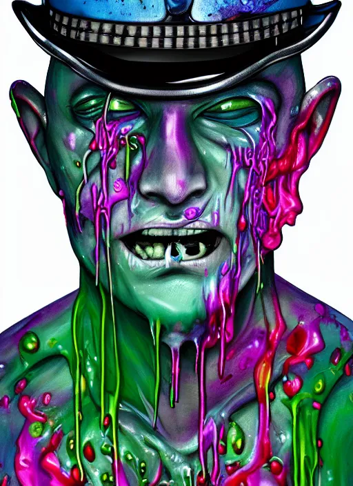 Image similar to beautiful profile photograph of a slimy rotting zombie cop covered in colorful wet goop, dripping with colorful liquid, policeman, cop, biocop, intricate details, dark ambient, service cap, atmospheric, elegant, super highly detailed, professional digital photo, artstation, concept art, 8 k