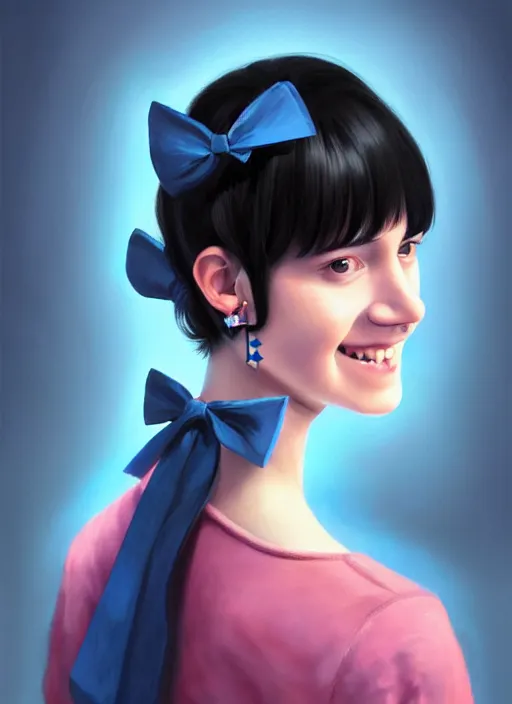 Image similar to portrait of high school girl, realistic, black hair, bangs, half updo hairstyle, pointy nose, skinny, smile, ugly, defined jawline, big chin, blue hair bow, earrings, intricate, elegant, glowing lights, highly detailed, digital painting, artstation, sharp focus, illustration, art by wlop, mars ravelo and greg rutkowski