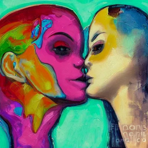 Prompt: expressive painting by francesca sundsten of two bizarre psychedelic femme creatures kissing each other closeup, speculative evolution, exobiology