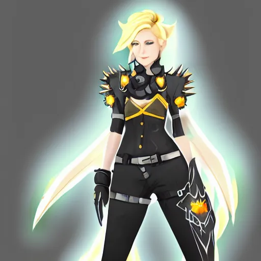 Prompt: digital painting of mercy overwatch, full body, wearing spiked collar and punk outfit