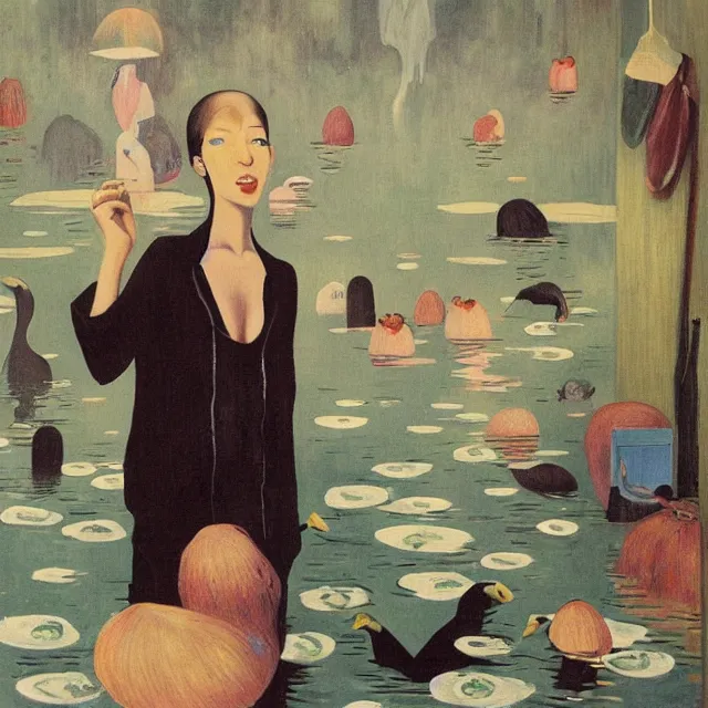 Prompt: tall female emo artists in their flooded apartment, rotenburo, painting of flood waters inside an artist's home, a river flooding indoors, pomegranates, pigs, ikebana, zen, water, octopus, river, rapids, waterfall, black swans, canoe, berries, acrylic on canvas, surrealist, by magritte and monet