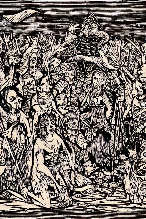 Image similar to a beautiful woodcut print on mulberry paper of walpurgisnacht, 8 k, frostbite 3 engine, cryengine, dof, trending on artstation, digital art, crepuscular ray