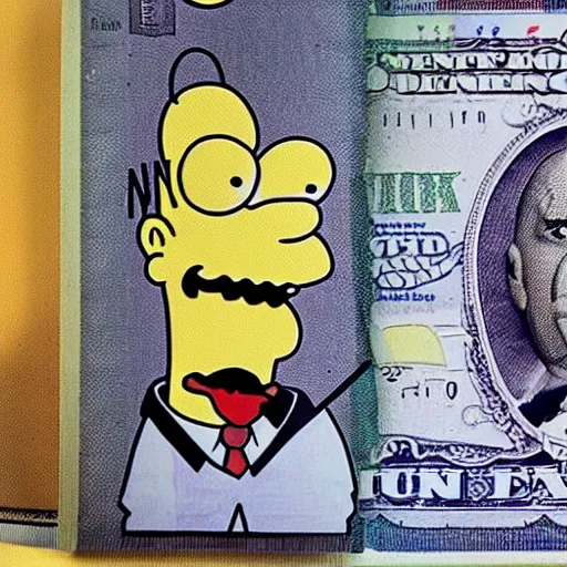 Prompt: homer simpson eating United States money, still, photograph