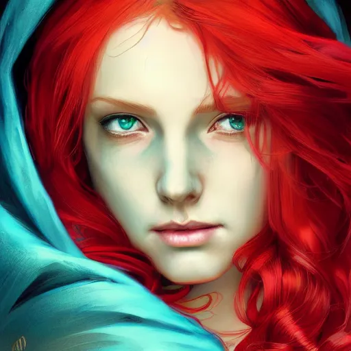 Prompt: A beautiful digital painting of a woman with red hair, in a turquoise cloak with a wide hood, D&D, fantasy, intricate, cinematic lighting, highly detailed, digital painting, Artstation, concept art, smooth, sharp focus, illustration, art by Artgerm and Greg Rutkowski, Alphonse Mucha and charlie bowater