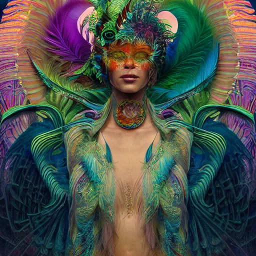 Image similar to A reality bending psychedelic ayahuasca experience, colorful, distorted, surreal, tropical bird feathers, dramatic lighting on the face, intricate, elegant, highly detailed, digital painting, concept art, smooth, sharp focus, illustration, art by Krenz Cushart and Wayne Barlowe and alphonse mucha