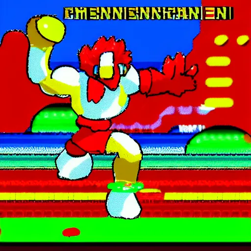 Prompt: new megaman enemy 'chickenman' who has the power of shooting eggs at you, nes 8bit graphics design, high quality detail, Nintendo campcom game design, clean screenshot upload, bright colours