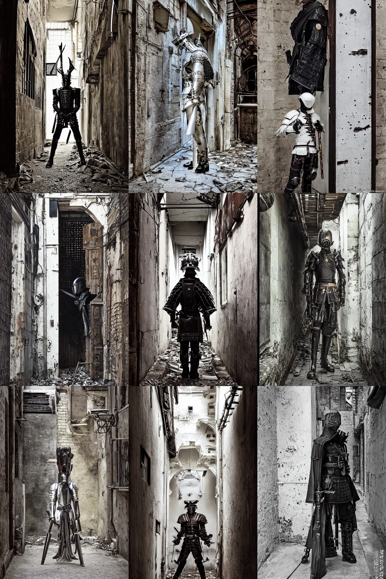 Prompt: white ancestral ornate medieval tactical gear standing inside an alleyway, black leather samurai garment, long shot, dark abandoned city streets, by irving penn and storm thorgerson, ren heng, peter elson, alvar aalto