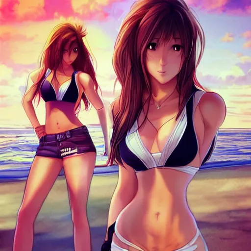 Image similar to beautiful aerith and tifa and jessie from final fantasy in daisy dukes on the beach making eye contact drawn by artgerm