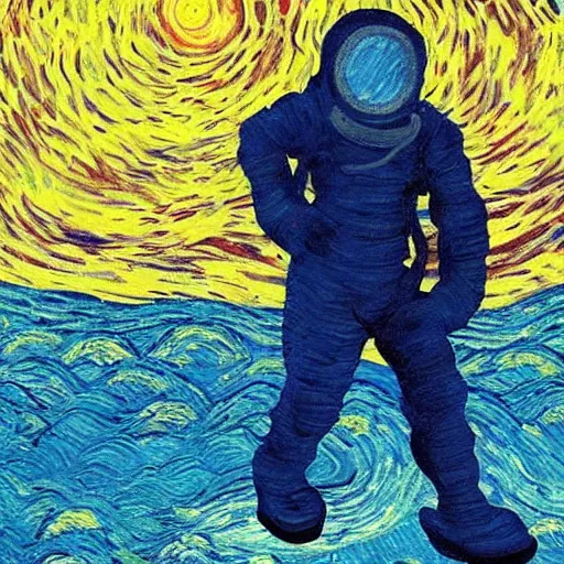 Prompt: “ mysterious being walking on the moon, van gogh style painting ”