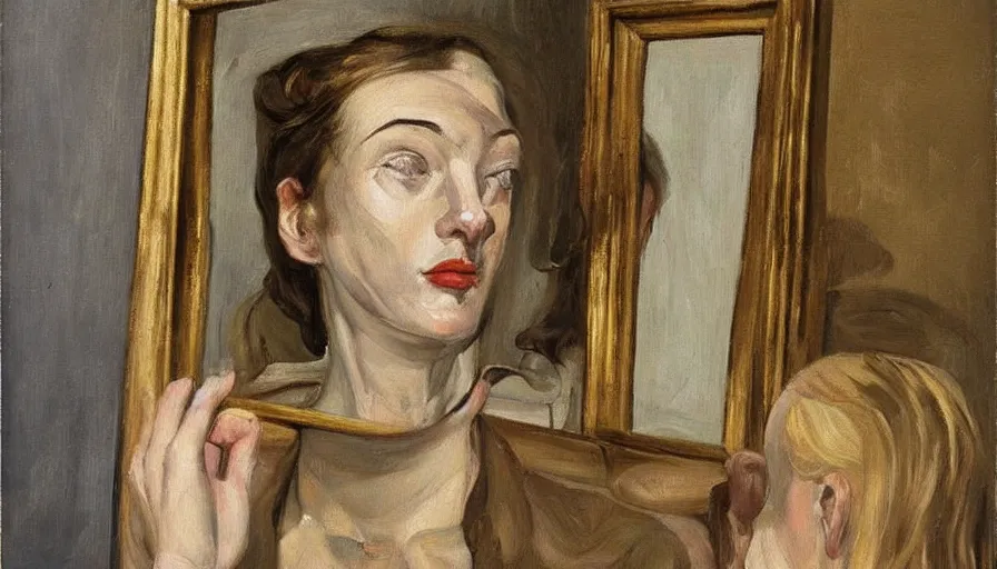 Prompt: painting by lucien freud, young woman in front of the mirror, detailed, stunning