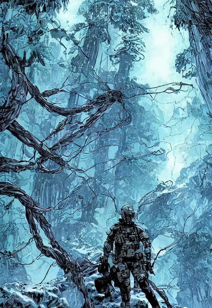 Prompt: A comic book cover of an android soldier with back to the camera, in a forest made of crystal, looking across a vast chasm and old rope bridge. On the mountain facing him is a crystal temple with a tower glowing in the fog