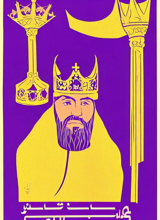 Image similar to Polish posters for Arabic king with long beard wearing purple robes, king's crown, and golden scepter. Screen printed, silkscreen, paper texture. 1968