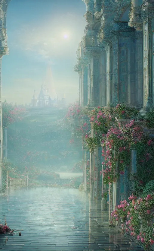 Image similar to vanishing point, palace like the kremlin in distance on a lake is covered with aqua blue roses, viewed from afar, stephen bliss, misty, unreal engine, fantasy art by greg rutkowski, loish, ferdinand knab, and lois van rossdraws,, global illumination, radiant light, minimalist, detailed and intricate environment