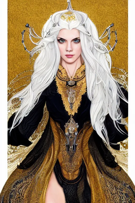 Image similar to fullbody!! of a beautiful woman with white hair, big natural horns on her head, long flowing intricate black lace dress, gold and gemstone jewellery, dnd, face, fantasy, intricate, elegant, highly detailed, digital painting, artstation, concept art, smooth, sharp focus, illustration, art by artgerm and greg rutkowski and alphonse mucha