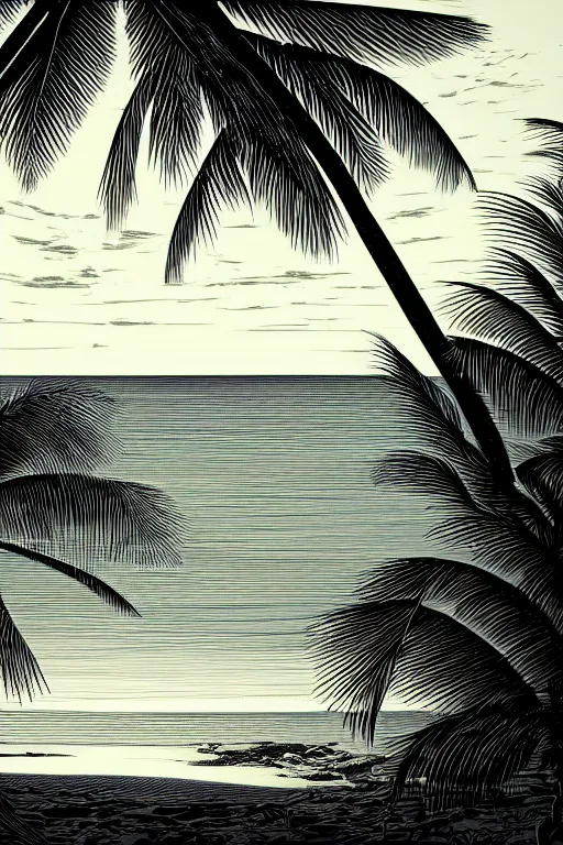 Image similar to a beautiful wood engraving on paper of a beach with coconut palms 8 k, frostbite 3 engine, cryengine, dof, trending on artstation, digital art, crepuscular ray