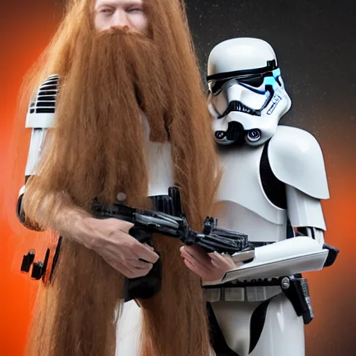 Prompt: 5 foot 1 0 fit man with short black beard and medium black well styled hair and a 5 foot 7 woman woman with long strawberry blonde hair with curly tendrils surrounding the face being captured by stormtroopers, highly detailed, high definition, ultra realistic