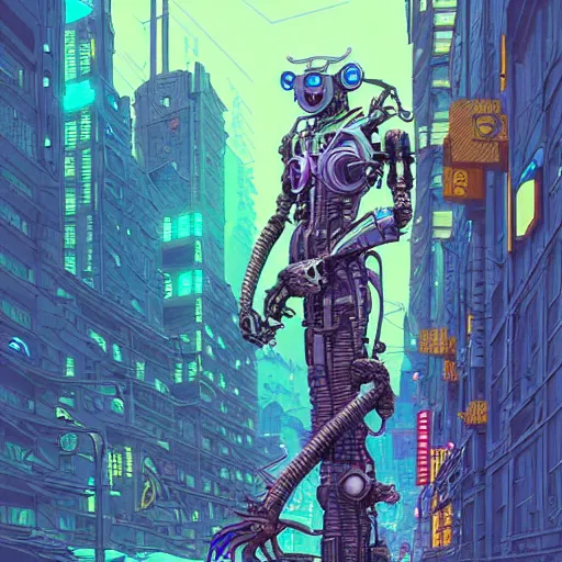 Image similar to A cyberpunk owl cyborg on the street of a cyberpunk city art by Josan Gonzalez, sci-fi, highly detailed, digital painting, artstation, smooth, sharp focus, illustration, concept art by Josan Gonzalez and James Gurney and Mœbius