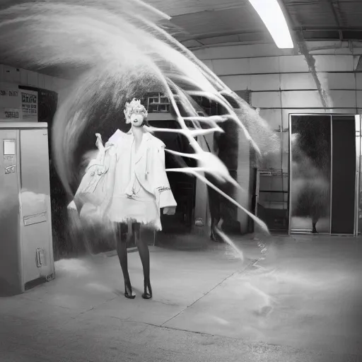 Image similar to medium format photograph of a surreal fashion shoot in a car wash, camera flash