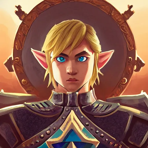 Image similar to front centered symmetrical RPG avatar portrait, Link legend of zelda as a knight, blonde hair, ornate armour, dramatic lighting, cinematic, establishing shot, high detail, cinematic lighting, post processed, 8k, concept art, artstation, matte painting, in the style of eddie mendoza, raphael lacoste, alex ross