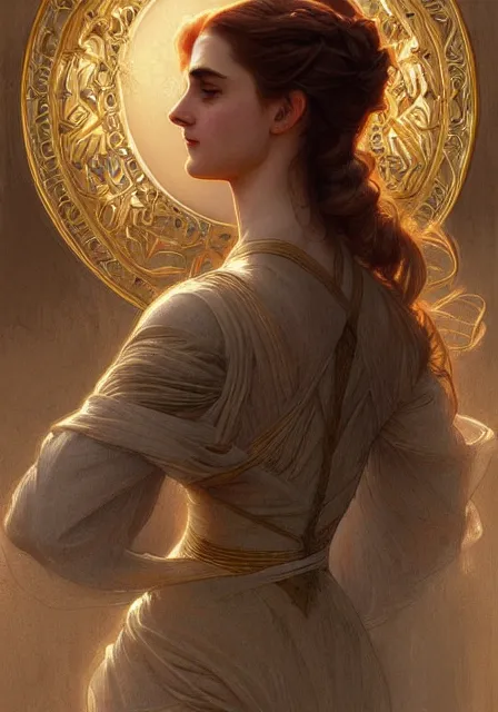 Prompt: sansa emma watson sunny gold, intricate, elegant, highly detailed, digital painting, artstation, concept art, smooth, sharp focus, illustration, art by artgerm and greg rutkowski and alphonse mucha and william - adolphe bouguereau