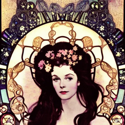 Image similar to vivien leigh with a spiraling nebula for hair beautiful detailed romantic art nouveau face portrait by alphonse mucha and gustav klimt, hauntingly beautiful refined moody dreamscape