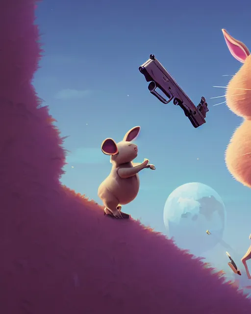 Image similar to highly detailed surreal vfx portrait of a cute, happy big chungus, shooting two mac - 1 0 s, stephen bliss, unreal engine, greg rutkowski, loish, rhads, beeple, makoto shinkai and lois van baarle, ilya kuvshinov, rossdraws, tom bagshaw, global illumination, detailed and intricate environment