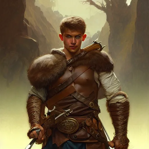 Prompt: portrait of a young rugged ranger gripping his longsword, muscular, upper body, D&D, fantasy, intricate, cinematic lighting, highly detailed, digital painting, artstation, concept art, smooth, sharp focus, illustration, art by Artgerm and Greg Rutkowski and Alphonse Mucha