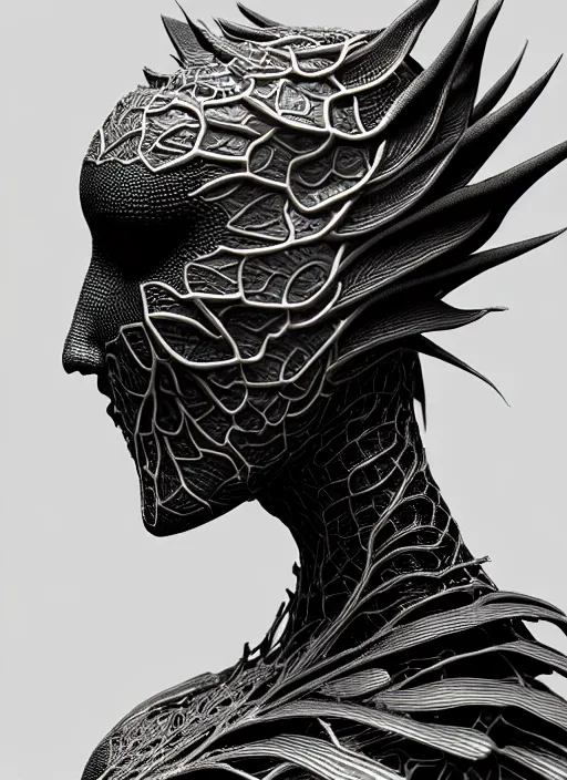 Prompt: bw close - up profile face, black background, beautiful young porcelain vegetal - dragon - cyborg - female, 1 5 0 mm, beautiful natural soft rim light, silver gold details, magnolia leaves and stems, roots, fine lace, mandelbot fractal, elegant, ultra detailed, white metallic armour, octane render, h. r. giger style