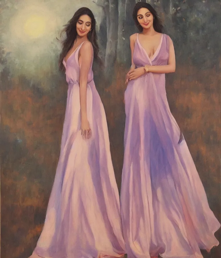 Image similar to Kiara Advani in V-neck minidress. history painting, dusk, flowy dress, artstation, oil on canvas, by Albert Aublet, Private Collection