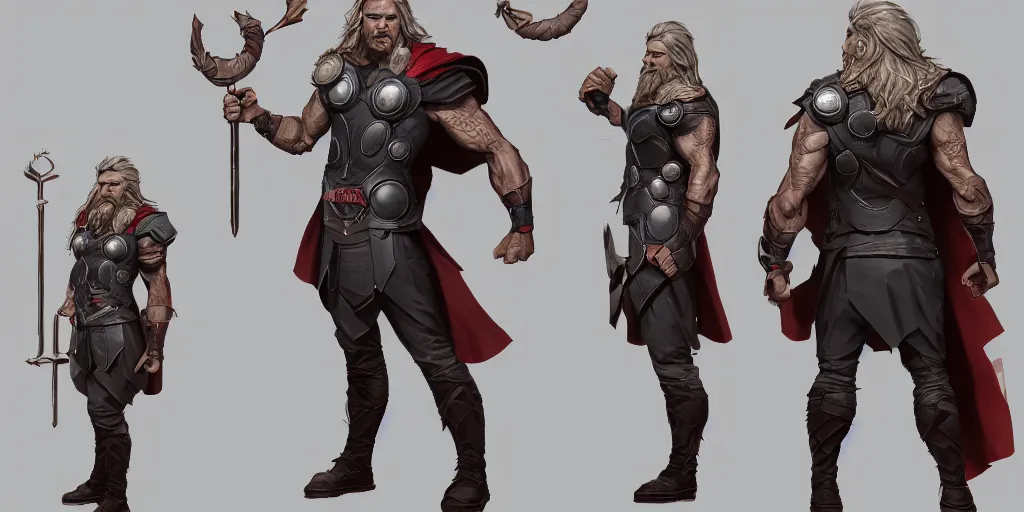 Prompt: cartoonish thor paying the rent, character sheet, fine details, concept design, contrast, kim jung gi, greg rutkowski, trending on artstation, 8 k, full body, turnaround, front view, back view, ultra wide angle