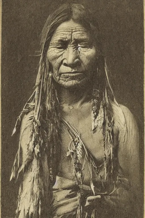 Image similar to “19th century wood engraving of a Native American indian, squaw, portrait, Nanye-hi (Nancy Ward): Beloved Woman of the Cherokee, pain and sadness on his face, drawn with charcoal pencil, ancient”