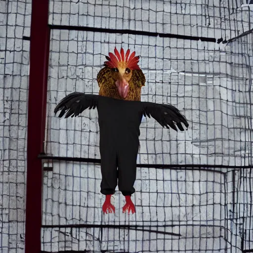 Image similar to chicken wearing inmate suit