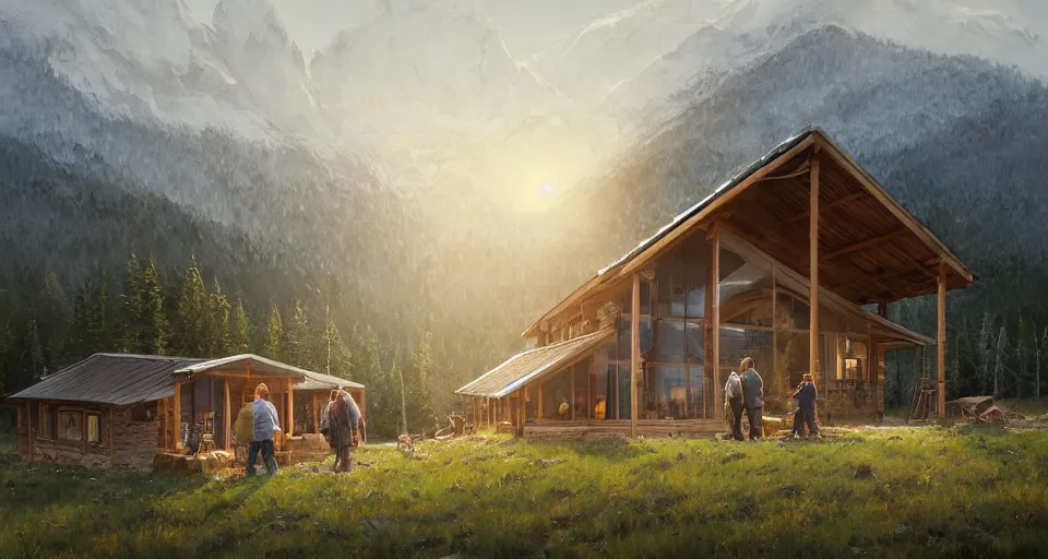 Image similar to cabela's beautiful comfortable modular insulated wall kit - house all weather family dwelling tent house, person in foreground, mountainous forested wilderness open fields, beautiful views, painterly concept art, joanna gaines, environmental concept art, farmhouse, magnolia, concept art illustration, by james gurney, by craig mullins, by greg rutkowski trending on artstation