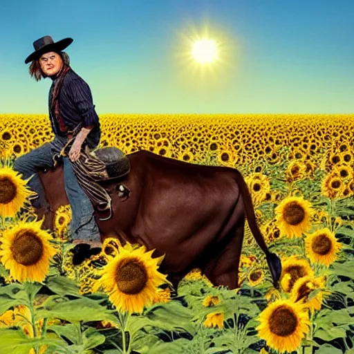 Prompt: Johnny Depp riding a cow in a sunflower field at dawn