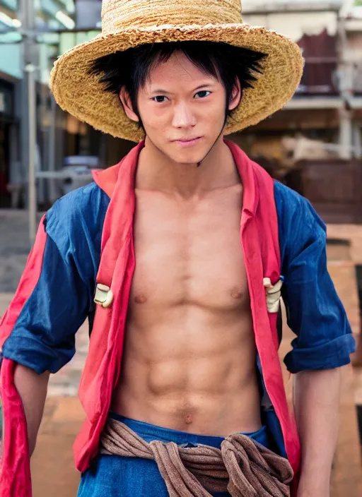 Image similar to A full portrait photo of real-life luffy one piece, f/22, 35mm, 2700K, lighting, perfect faces.