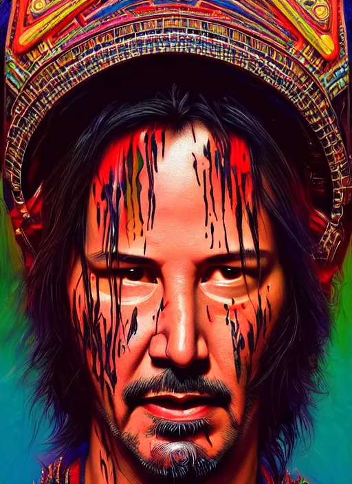 Image similar to portrait of keanu reeves, hyper detailed ultra sharp aztec shaman warrior. trending on artstation, warpaint aesthetic, bloodwave, colorful, psychedelic, ornate, intricate, digital painting, concept art, smooth, sharp focus, illustration, art by artgerm and greg rutkowski and h. r. giger, 8 k