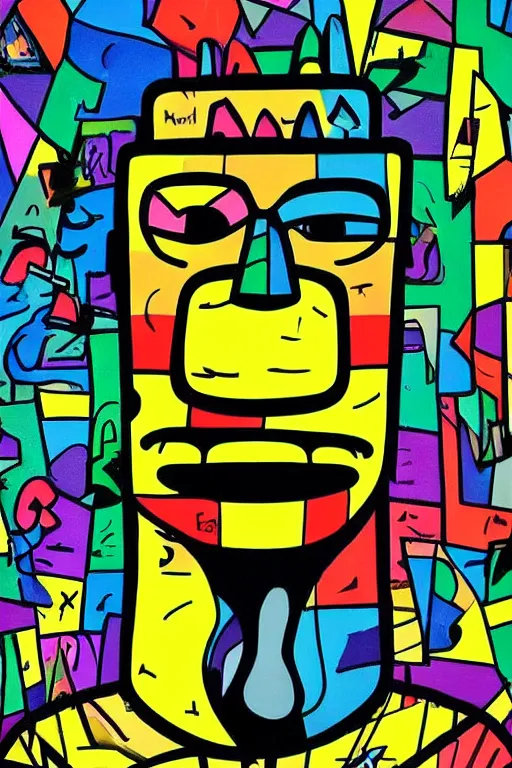 Prompt: moai statue popart slap face caricature simpson family art contest cartoon graffity romero britto bill cipher colorful vibrant beeple, by thomas kinkade