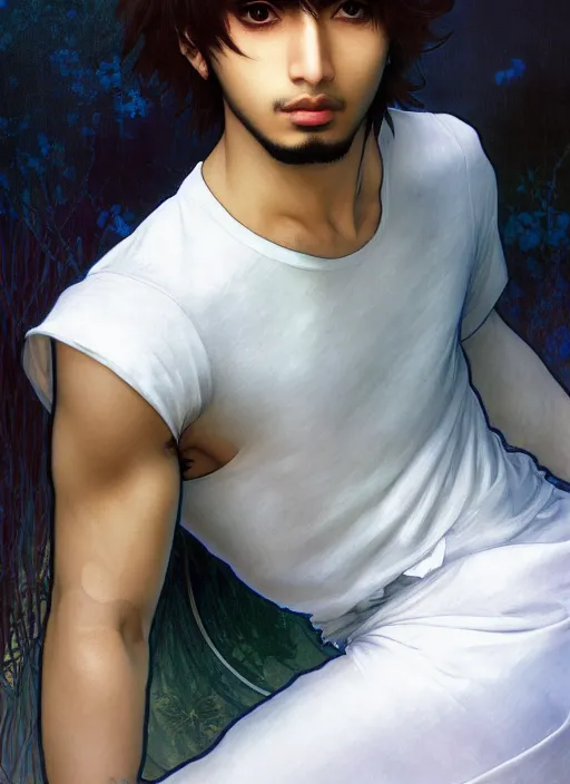 Image similar to beautiful medium shot portrait of a young arabic man inspired by ayami kojima with short hair dressed with a white t - shirt looking into the camera from three - quarters, white background white bank studio light, art by yoshitaka amano, alfons mucha, final fantasy, high quality, 8 k